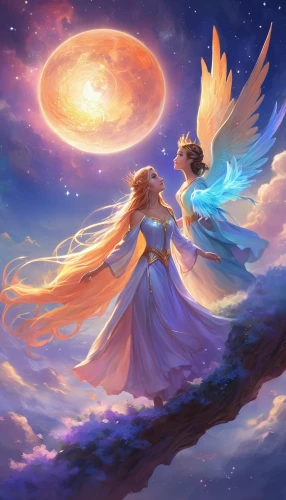 fairies aloft,celestial bodies,sun and moon,celestial,fairy galaxy,falling star,angel wing,fantasy picture,celestial body,constellation swan,star winds,angel lanterns,angel wings,angels,celestial event,moon and star,the moon and the stars,falling stars,winged heart,cosmos wind,Illustration,Realistic Fantasy,Realistic Fantasy 01