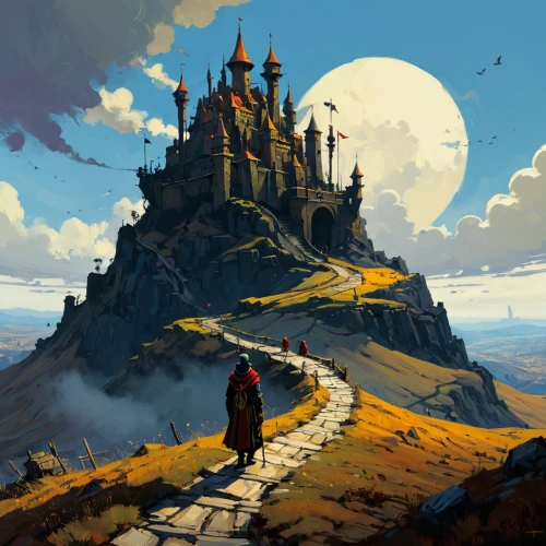 fantasy landscape,summit castle,fantasy picture,fantasy art,mountain settlement,world digital painting,knight's castle,fantasy world,heroic fantasy,the wanderer,high landscape,wanderer,mountain world,castles,game illustration,sci fiction illustration,ruined castle,digital nomads,3d fantasy,fantasy city,Conceptual Art,Sci-Fi,Sci-Fi 01