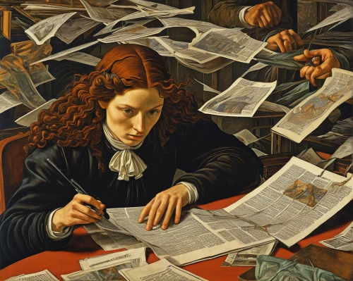 people reading newspaper,blonde woman reading a newspaper,botticelli,david bates,meticulous painting,bookkeeper,newspaper reading,paperwork,man with a computer,stock broker,leonardo devinci,stock trader,capital markets,gambler,wire transfer,old trading stock market,children studying,the sale,the local administration of mastery,accountant,Art,Classical Oil Painting,Classical Oil Painting 43