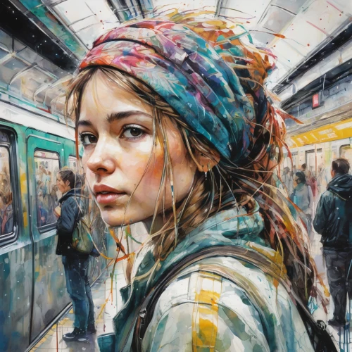 the girl at the station,oil painting on canvas,london underground,street artist,art painting,oil painting,subway station,italian painter,young woman,girl with bread-and-butter,watercolor pencils,watercolor painting,girl in a long,world digital painting,city ​​portrait,street artists,woman thinking,girl portrait,colour pencils,travel woman,Illustration,Paper based,Paper Based 13