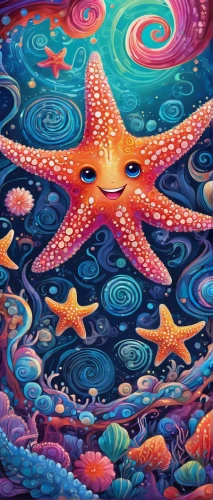 starfish,starfishes,sea star,coral swirl,sea-life,under sea,under the sea,psychedelic art,colorful stars,ocean floor,colorful star scatters,undersea,octopus,sea creatures,coral reef,sea animal,ocean paradise,starscape,sea,deep sea,Illustration,Realistic Fantasy,Realistic Fantasy 39