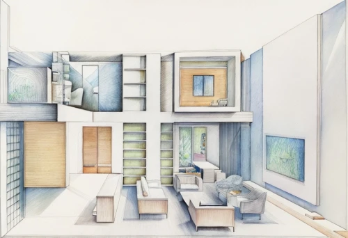 an apartment,apartment,sky apartment,apartments,cubic house,matruschka,shared apartment,archidaily,modern room,blue room,apartment house,one-room,room divider,shirakami-sanchi,framing square,livingroom,bedroom,cubic,rooms,hallway space,Landscape,Landscape design,Landscape Plan,Watercolor