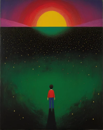 guiding light,the horizon,shirakami-sanchi,falling star,distant vision,runaway star,journey,rainbow and stars,summer solstice,cosmos field,silhouette of man,dream world,wanderer,abduction,sci fiction illustration,game illustration,distance,man at the sea,color fields,passing,Art,Artistic Painting,Artistic Painting 26