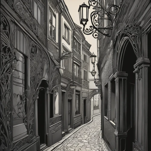 narrow street,medieval street,old linden alley,the cobbled streets,alleyway,backgrounds,alley,passage,townscape,townhouses,cobblestones,blind alley,old architecture,wrought,cobblestone,paris clip art,lineart,thoroughfare,street lamps,narrow,Illustration,Retro,Retro 08