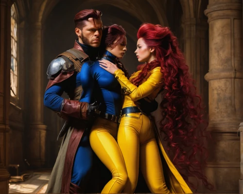 x-men,xmen,x men,three primary colors,cosplay image,prince and princess,vilgalys and moncalvo,couple goal,bodypaint,mother and father,husband and wife,bodypainting,alliance,cosplay,comic characters,the hands embrace,electro,marvel comics,pompadour,lancers,Art,Classical Oil Painting,Classical Oil Painting 09