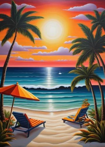 beach landscape,sunset beach,sunrise beach,tropical beach,beach scenery,waikiki beach,coastal landscape,caribbean beach,umbrella beach,tropical sea,dream beach,south seas,paradise beach,oil painting on canvas,luau,beach background,colored pencil background,art painting,coconut trees,painting technique,Illustration,Abstract Fantasy,Abstract Fantasy 12