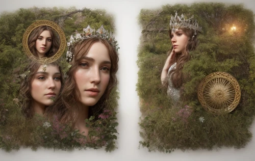 faery,celtic queen,mirror in the meadow,fairy queen,fairy tale icons,girl in a wreath,fairy tale character,faerie,miss circassian,portrait background,elven,fantasy portrait,princess crown,celtic woman,elven forest,crown icons,diadem,the mirror,mystical portrait of a girl,image manipulation,Game Scene Design,Game Scene Design,Realistic