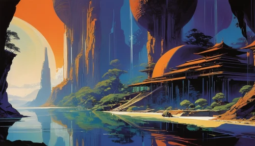 canyon,futuristic landscape,karst landscape,narrows,travel poster,chasm,fairyland canyon,fantasy landscape,cliffs,imperial shores,pillars,valley,ancient city,backgrounds,guards of the canyon,old earth,ash falls,cave on the water,detail shot,hoodoos,Conceptual Art,Sci-Fi,Sci-Fi 23