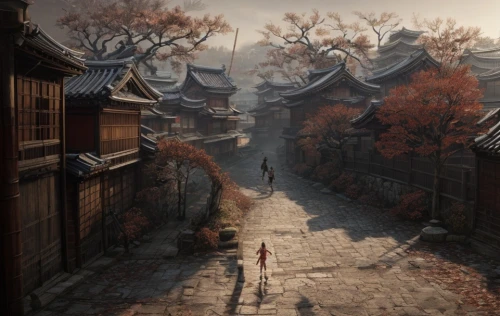 kiyomizu,bukchon,old linden alley,narrow street,xi'an,tsukemono,autumn morning,one autumn afternoon,the cobbled streets,kyoto,suzhou,witcher,medieval street,the pied piper of hamelin,hanok,autumn scenery,the mystical path,xing yi quan,chinese architecture,girl walking away,Game Scene Design,Game Scene Design,Japanese Martial Arts