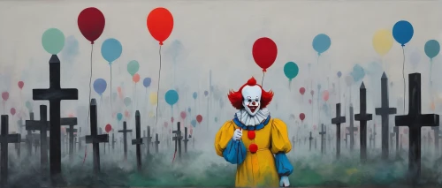 creepy clown,horror clown,rodeo clown,scary clown,clown,little girl with balloons,it,pierrot,clowns,juggler,balloon,paratrooper,ronald,marionette,balloon trip,circus,streetart,popular art,andreas cross,oil on canvas,Illustration,Vector,Vector 07