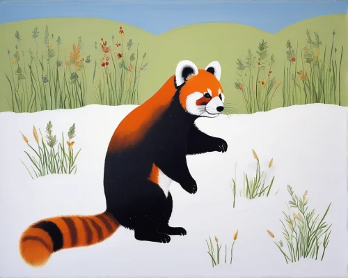 red panda,mustelid,giant panda,black-footed ferret,pandabear,chinese panda,colored pencil background,mustelidae,anthropomorphized animals,north american raccoon,panda,striped skunk,ring-tailed,little panda,raccoon,raccoon dog,pandas,panda bear,whimsical animals,garden-fox tail,Art,Artistic Painting,Artistic Painting 51