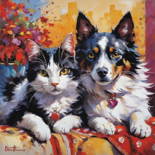 dog - cat friendship,dog and cat,color dogs,two cats,pet portrait,oil painting on canvas,kittens,oil painting,welsh cardigan corgi,border collie,shetland sheepdog tricolour,terrier,calico cat,japanese chin,collie,cat portrait,australian shepherd,american wirehair,cardigan welsh corgi,biewer terrier,Conceptual Art,Oil color,Oil Color 09