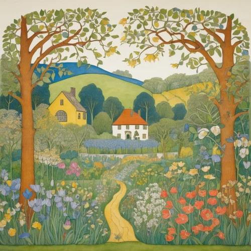 cottage garden,wildflower meadow,tapestry,giverny,girl in the garden,towards the garden,flower meadow,farm landscape,english garden,vegetables landscape,national trust,brook landscape,kate greenaway,work in the garden,sussex,home landscape,orchard meadow,gardens,country cottage,to the garden,Illustration,Retro,Retro 23