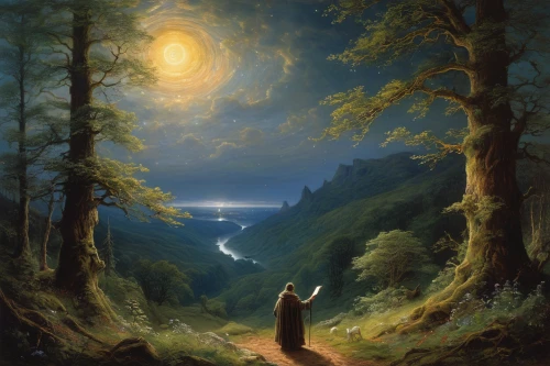 fantasy picture,fantasy landscape,the mystical path,howling wolf,forest landscape,the night of kupala,landscape background,fantasy art,pilgrimage,mountain scene,night scene,jrr tolkien,forest of dreams,high landscape,owl nature,howl,frederic church,forest path,moonlit night,idyll,Art,Classical Oil Painting,Classical Oil Painting 13
