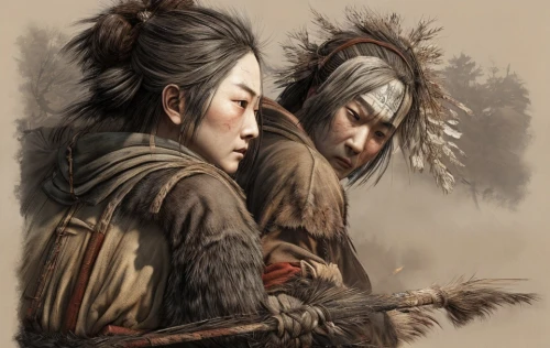 warrior woman,warrior and orc,two girls,two wolves,shamanism,nomads,chinese art,female warrior,utonagan,geisha,shamanic,maori,native,inner mongolian beauty,little girl and mother,headdress,mother and daughter,capricorn mother and child,feather headdress,staves,Game Scene Design,Game Scene Design,Japanese Martial Arts