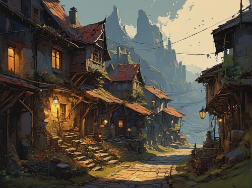 mountain settlement,mountain village,medieval street,medieval town,alpine village,knight village,villages,escher village,aurora village,old town,old village,ancient city,wooden houses,narrow street,old city,meteora,the old town,fantasy landscape,village life,village street,Conceptual Art,Sci-Fi,Sci-Fi 01