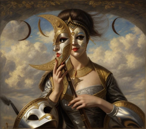 venetian mask,masquerade,gold mask,golden mask,fantasy portrait,the carnival of venice,gothic portrait,with the mask,masque,mary-gold,golden crown,mystical portrait of a girl,priestess,la calavera catrina,baroque angel,queen of hearts,cleopatra,the angel with the veronica veil,the enchantress,fantasy art,Common,Common,Natural