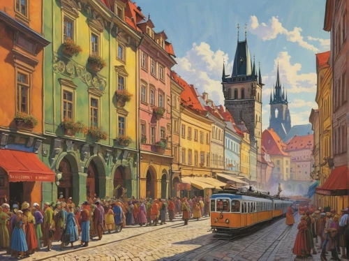 poznan,krakow,gdańsk,transilvania,brno,sibiu,riga,leipzig,tram,transylvania,cluj,vilnius,petersburg,dresden,colorful city,street scene,prague,saintpetersburg,zagreb,warsaw,Illustration,Retro,Retro 14