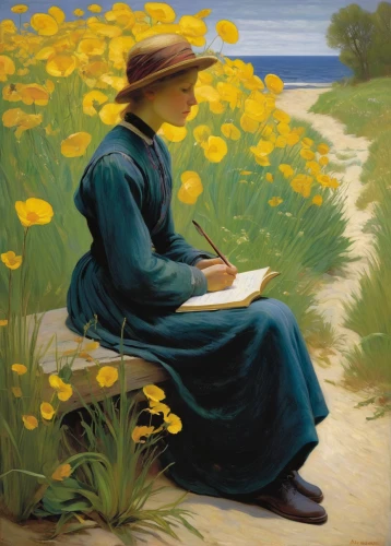 girl studying,daffodils,barbara millicent roberts,the garden marigold,girl picking flowers,child with a book,daffodil field,yellow grass,girl in the garden,yellow sun hat,daffodil,marguerite,pilgrim,marigolds,girl with bread-and-butter,sun flowers,jonquil,sea beach-marigold,blonde woman reading a newspaper,marigold,Art,Classical Oil Painting,Classical Oil Painting 20