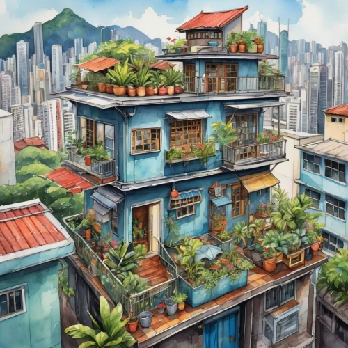 hong kong,taipei,kowloon,roof landscape,asian architecture,kowloon city,hanging houses,balcony garden,hanoi,roof garden,house roofs,vietnam,chinese architecture,shanghai,watercolor tea shop,roofs,taiwan,sky apartment,kangkong,shared apartment,Illustration,Paper based,Paper Based 06