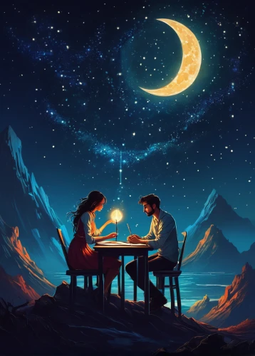 romantic dinner,romantic night,romantic scene,dinner for two,romantic meeting,honeymoon,romantic,candle light dinner,date,the moon and the stars,dining,outdoor table,sci fiction illustration,date night,picnic,online date,game illustration,sweet table,romance,diner,Conceptual Art,Fantasy,Fantasy 21