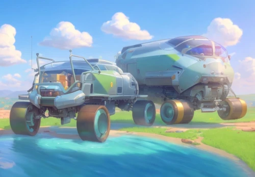 tank truck,farm tractor,land vehicle,long cargo truck,rust truck,tractor,house trailer,moottero vehicle,concrete mixer,concrete mixer truck,mobile home,brock coupe,semi-submersible,camping bus,kei truck,studio ghibli,tank ship,garbage truck,engine truck,water bus,Common,Common,Cartoon