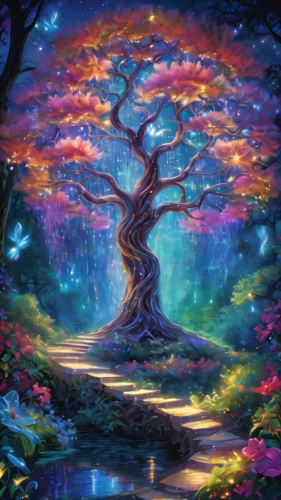 colorful tree of life,magic tree,tree of life,flourishing tree,celtic tree,fairy forest,watercolor tree,fantasy picture,painted tree,forest of dreams,fairy world,enchanted forest,blossom tree,tree grove,fae,wondertree,forest tree,the japanese tree,fantasy landscape,garden of eden,Illustration,Realistic Fantasy,Realistic Fantasy 02