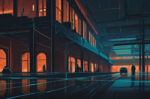 industrial hall,warehouse,empty factory,industrial landscape,alleyway,cityscape,empty hall,factory hall,streetcar,sci fiction illustration,refinery,backgrounds,subway station,train station,detail shot,factories,night scene,alley,suburb,metropolis,Conceptual Art,Oil color,Oil Color 16