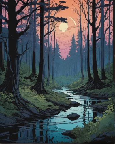 swampy landscape,forest landscape,the forests,cartoon forest,forest background,forests,river pines,the forest,forest,river landscape,brook landscape,spruce forest,pine forest,riparian forest,dusk,swamp,the woods,row of trees,forest glade,the trees,Illustration,Black and White,Black and White 12