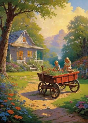 flower cart,wooden wagon,rural landscape,village scene,old couple,straw cart,romantic scene,home landscape,wooden carriage,straw carts,rural,wooden cart,farm landscape,farm tractor,summer cottage,children's background,country cottage,village life,farm background,cart of apples,Conceptual Art,Sci-Fi,Sci-Fi 19