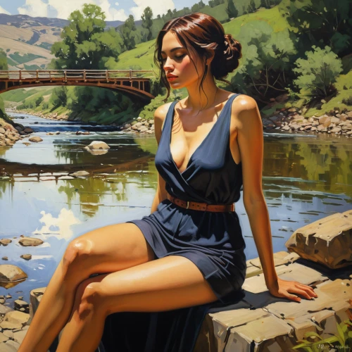 girl on the river,the blonde in the river,riverside,on the river,floating on the river,girl in a long dress,scenic bridge,river side,riverbank,oil painting,woman sitting,world digital painting,photo painting,romantic portrait,david bates,girl on the boat,female model,art painting,sheath dress,girl sitting,Conceptual Art,Fantasy,Fantasy 15