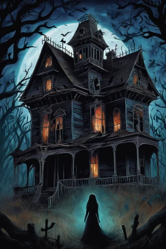 the haunted house,haunted house,witch's house,witch house,creepy house,house silhouette,haunted castle,halloween poster,halloween illustration,ghost castle,haunted,lonely house,doll's house,victorian house,haunt,the house,halloween and horror,halloween scene,abandoned house,woman house,Illustration,Realistic Fantasy,Realistic Fantasy 37