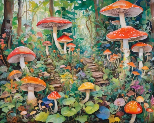 mushroom landscape,forest mushrooms,toadstools,mushrooms,fairy forest,mushroom island,umbrella mushrooms,forest mushroom,forest floor,cartoon forest,fairy village,brown mushrooms,happy children playing in the forest,amanita,fungi,mushrooms brown mushrooms,medicinal mushroom,agaricaceae,parasols,fairy world,Conceptual Art,Oil color,Oil Color 18