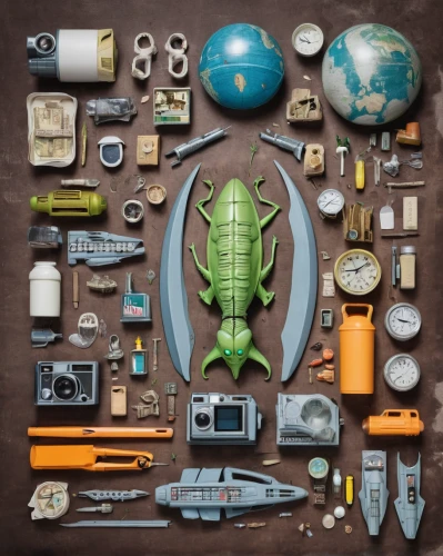 components,objects,assemblage,fishing equipment,hiking equipment,disassembled,flat lay,tools,materials,tiny world,electronic waste,contents,flatlay,garden tools,raw materials,art tools,scrap collector,ocean pollution,school tools,conceptual photography,Unique,Design,Knolling