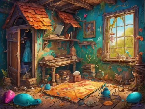 the little girl's room,witch's house,dandelion hall,playing room,treasure house,fairy village,fairy house,abandoned room,children's room,game illustration,ancient house,fantasy picture,kids room,children's bedroom,3d fantasy,nest workshop,little house,robin's nest,one room,children's fairy tale,Illustration,Abstract Fantasy,Abstract Fantasy 13