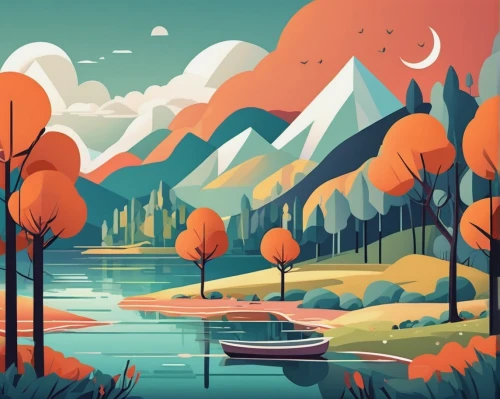 fall landscape,autumn landscape,autumn mountains,river landscape,autumn forest,autumn background,autumn idyll,autumn theme,mountainlake,forest landscape,boat landscape,landscape background,autumn camper,autumn scenery,swampy landscape,mountain lake,autumn icon,autumn trees,nature landscape,lake,Illustration,Vector,Vector 06