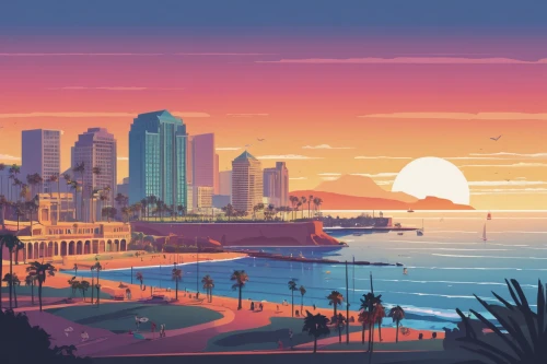 san diego skyline,viña del mar,san diego,santa monica,california,travel poster,coast sunset,tel aviv,san francisco,honolulu,los angeles,west coast,oceanside,sunset beach,santa monica pier,cali,sydney skyline,sanfrancisco,santamonica,newport beach,Illustration,Vector,Vector 05