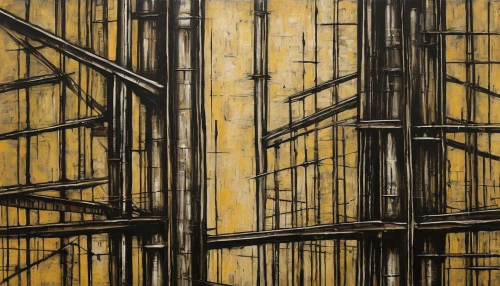 scaffolding,steel scaffolding,frame drawing,scaffold,bamboo frame,facade painting,yellow wall,wooden construction,construction site,industrial tubes,steel pipes,steel construction,organ pipes,construction,pipes,telephone poles,urban,fragmentation,bamboo curtain,structure,Art,Artistic Painting,Artistic Painting 01