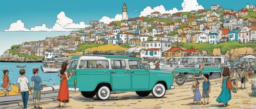 fiat 600,seaside resort,vwbus,valparaiso,muizenberg,fiat 500,fiat500,fiat 518,fiat 126,travel trailer poster,piaggio ape,fiat 501,colouring,2cv,seaside,illustration of a car,swanage,caravel,houses clipart,porto,Illustration,Vector,Vector 14