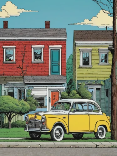 houses clipart,aronde,ford prefect,matchbox car,yellow taxi,cool pop art,austin 1800,yellow car,morris minor,austin cambridge,fifties,morris minor 1000,david bates,1955 montclair,illustration of a car,retro 1950's clip art,neighbourhood,austin 16,pop art colors,ford anglia,Illustration,American Style,American Style 15