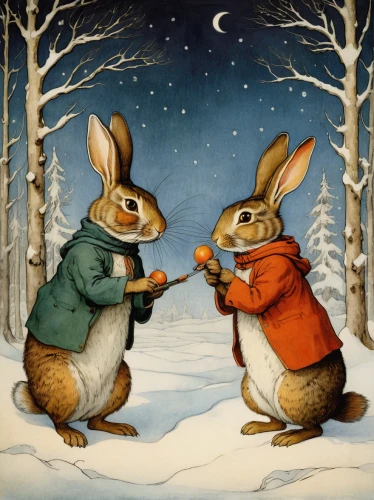 rabbits and hares,hares,hare trail,winter animals,fox and hare,rabbits,female hares,snow scene,christmas animals,rabbit pulling carrot,bunnies,rabbit family,peter rabbit,carol singers,leveret,christmas cards,audubon's cottontail,easter rabbits,vintage christmas card,christmas snowy background,Illustration,Retro,Retro 19