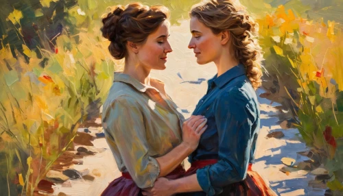 two girls,oil painting,oil painting on canvas,romantic portrait,young women,young couple,art painting,girl kiss,painting technique,oil on canvas,courtship,mirror in the meadow,painting,romantic scene,serenade,photo painting,church painting,two people,sisters,conversation,Conceptual Art,Oil color,Oil Color 22