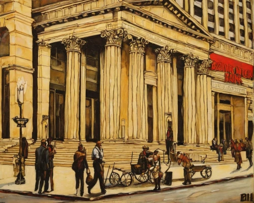 stock exchange,nyse,wall street,old stock exchange,banker,the bank,david bates,capital markets,stock exchange broker,bank teller,facade painting,banking operations,stock exchange figures,bank,securities,old trading stock market,music society,athenaeum,banking,oil painting on canvas,Illustration,Retro,Retro 06