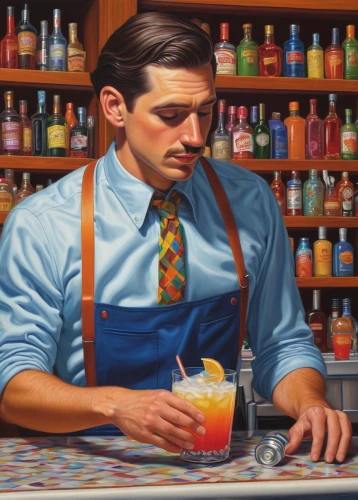 harvey wallbanger,bartender,old fashioned,meticulous painting,maraschino,barman,cocktails,soda fountain,italian painter,painting technique,cocktail,aperol,soda shop,italian soda,tom collins,lynchburg lemonade,watercolor cocktails,businessman,oil on canvas,classic cocktail,Illustration,Retro,Retro 16