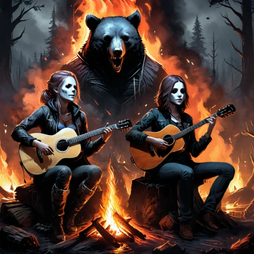 blackmetal,campfire,black bears,folk music,the bears,campfires,musicians,two wolves,nordic bear,shamanic,cd cover,classical guitar,werewolves,bard,forest fire,buskin,wolves,bears,druids,rock band,Conceptual Art,Fantasy,Fantasy 34