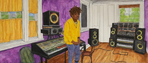 in a studio,home studio,home studios,colored pencil background,studios,recording studio,music studio,studio monitor,music producer,studio,recordings,album cover,studio photo,audiophile,old recording,music artist,loudspeakers,novelist,studio shot,dj,Illustration,Paper based,Paper Based 22