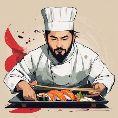 sushi art,teppanyaki,nabemono,men chef,asian cuisine,japanese cuisine,chef,nori,sushi japan,nigiri,vector illustration,kaiseki,sashimi,korean cuisine,korean chinese cuisine,chef hat,sushi roll images,cooking book cover,gimbap,sushi,Conceptual Art,Fantasy,Fantasy 06