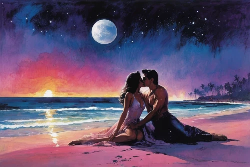 honeymoon,romantic scene,beach moonflower,romantic night,lover's beach,loving couple sunrise,beach background,romance novel,the moon and the stars,moonrise,fantasy picture,amorous,dream beach,purple moon,celestial bodies,sun and moon,moon and star background,blue moon rose,romantic,blue hawaii,Illustration,Paper based,Paper Based 12