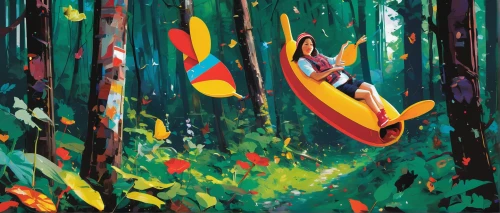 happy children playing in the forest,cartoon forest,toucans,rainforest,toco toucan,toucan perched on a branch,yellow throated toucan,perched toucan,toucan,forest animals,hammocks,kayaks,kayaker,hammock,frutti di bosco,tree swing,rain forest,forest of dreams,brown back-toucan,forest,Conceptual Art,Oil color,Oil Color 07