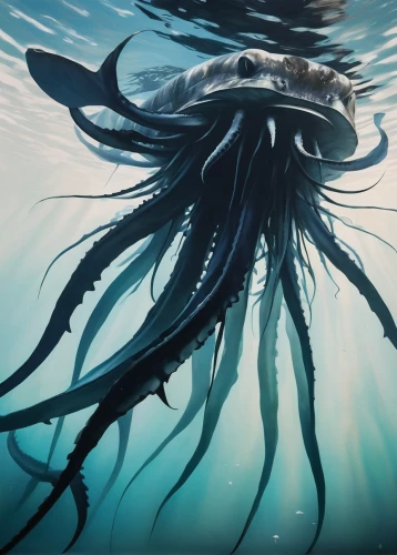 giant squid,kraken,deep sea,cephalopod,cnidaria,deep sea nautilus,cephalopods,undersea,sea monsters,cnidarian,god of the sea,sea animal,water creature,box jellyfish,marine animal,symbiotic,abyss,octopus,deep sea diving,jellyfish,Art,Artistic Painting,Artistic Painting 24